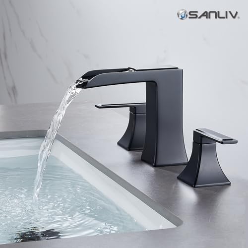 Black Waterfall Bathroom Faucet, Sanliv 3-Piece Widespread Bathroom Faucet for 3-Hole Sinks 4-8 inch, Modern 2-Handle Vanity Faucet with Pop-Up Drain, Matte Black - color: Matte Black