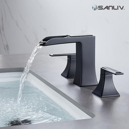 Black Waterfall Bathroom Faucet, Sanliv 3-Piece Widespread Bathroom Faucet for 3-Hole Sinks 4-8 inch, Modern 2-Handle Vanity Faucet with Pop-Up Drain, Matte Black - color: Matte Black