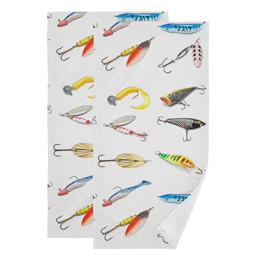 2 Pack Colorful Fish Bait Hand Towels for Bathroom,Soft Absorbent Vintage Fishing Hooks on White Decorative Guest Face Bathroom Towels,Quick Dry Fishman Fishing Theme Kitchen Towels 14"x28" - color: Multicolor