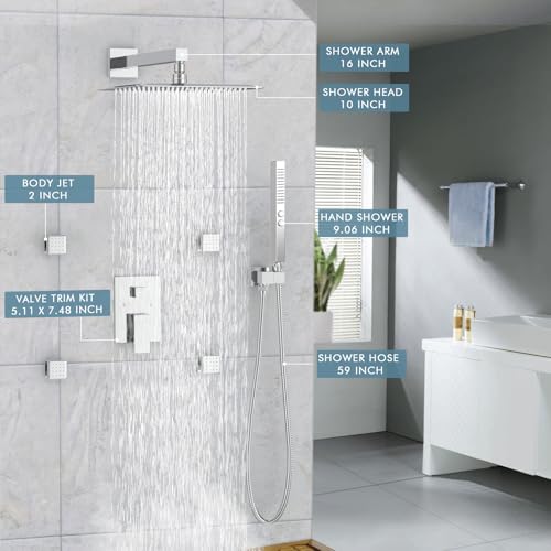 Shower Faucets Sets Shower System with Body Jets, Bostingner 10" Rain Shower Head with 2 In 1 Handheld Spray and 4 Jets, Wall Mounted All Metal 3 Way Shower Set with Valve and Trim Kit,Brushed Nickel - color: Brushed Nickel, size: 10 Inch