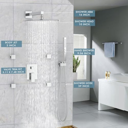 Shower Faucets Sets Shower System with Body Jets, Bostingner 10" Rain Shower Head with 2 In 1 Handheld Spray and 4 Jets, Wall Mounted All Metal 3 Way Shower Set with Valve and Trim Kit,Brushed Nickel - color: Brushed Nickel, size: 10 Inch