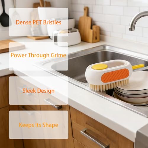 All-in-One Refillable Scrub Brush with Built-in Tank, Press to Dispense Solution for Multi-Surface Cleaning: Clothes, Shoes, Wheels, Kitchen, Bathroom. Hangable, Large Capacity, Dense PET Bristles