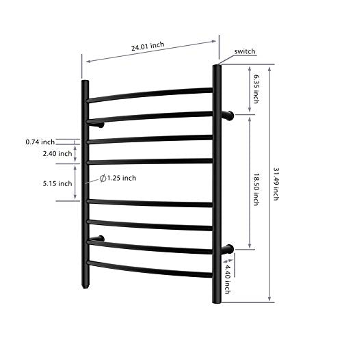 8-Bar Towel Warmer, Heated Towel Rack, Plug-in, Matte Black | 304 Stainless Steel Curved 8-Bar Wall-Mounted Towel Warmer With Plug-In Installation Only For Bathrooms - color: Matte Black