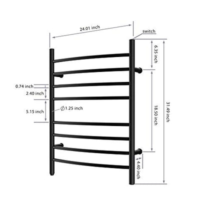 8-Bar Towel Warmer, Heated Towel Rack, Plug-in, Matte Black | 304 Stainless Steel Curved 8-Bar Wall-Mounted Towel Warmer With Plug-In Installation Only For Bathrooms - color: Matte Black