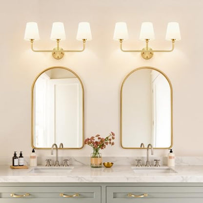 MOKATNG Bathroom Light Fixtures, 3-Light Brushed Gold Vanity Lights, Bathroom Lighting Fixtures Over Mirror with Flared White Fabric Shade, Modern Wall Sconces for Living Room Hallway - color: Brushed Gold & White Shade