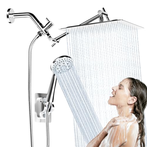 Shower Head with Handheld Spray, 8" High Pressure Rain Shower Head Combo with Adjustable Extension Arm, 5 Spray Modes Dual Showerhead Set, Detachable Handheld Shower, 304 Stainless Steel, Chrome