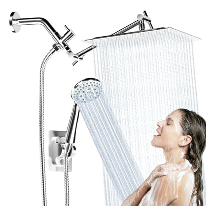 Shower Head with Handheld Spray, 8" High Pressure Rain Shower Head Combo with Adjustable Extension Arm, 5 Spray Modes Dual Showerhead Set, Detachable Handheld Shower, 304 Stainless Steel, Chrome