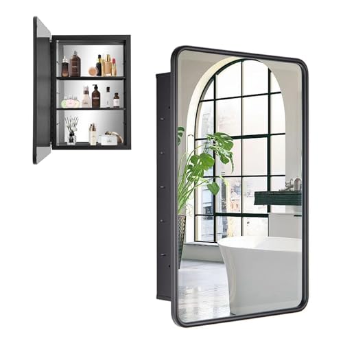 Black Bathroom Medicine Cabinet with Mirror 16 x 24 Metal Frame Recessed Or Wall Mounted Single Door Storage Medicine Cabinets with Adjustable Shelves Rounded Corner Beveled Mirrors - color: Matt Black, size: 16x24''