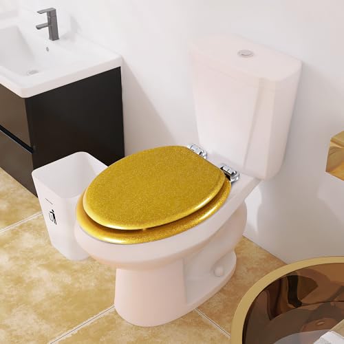 Angol Shiold Glitter Toilet Seat Molded Wood Round Toilet Seat with Quietly Close and Quick Release Hinges, Easy to Install also Easy to Clean (Round 16.5'', Gold) - color: Gold, size: Round 16.5‘’