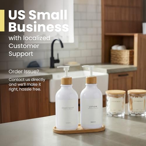 MaisoNovo Soap Dispenser Bathroom Set of 2-16.9 oz Bathroom Soap Dispenser Set - White Plastic Bottles x 2 with White Bamboo Pumps & Tray - color: White Bottles White Pumps