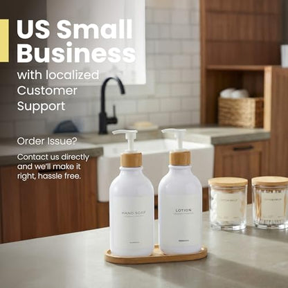 MaisoNovo Soap Dispenser Bathroom Set of 2-16.9 oz Bathroom Soap Dispenser Set - White Plastic Bottles x 2 with White Bamboo Pumps & Tray - color: White Bottles White Pumps