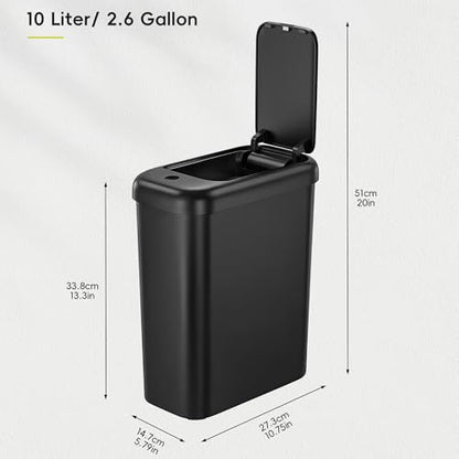 EKO Morandi Slim Automatic Bathroom Trash Can with Lid, 2.6 Gallon Touchless Garbage Can, Waterproof Motion Sensor Trash Bin for Bathroom, Office, Black - size: Morandi 10L- Midnight Black