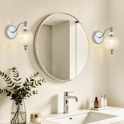 1 Piece Brushed Chrome Wall Sconce, 1-Light Mid Century Modern Brushed Chrome Finish Wall Sconce with Globe Glass Shade, Modern Light for Bathroom, Bedroom, Living Room,Powder Room - color: Chrome, size: 1 Light