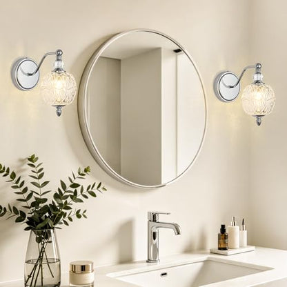 1 Piece Brushed Chrome Wall Sconce, 1-Light Mid Century Modern Brushed Chrome Finish Wall Sconce with Globe Glass Shade, Modern Light for Bathroom, Bedroom, Living Room,Powder Room - color: Chrome, size: 1 Light