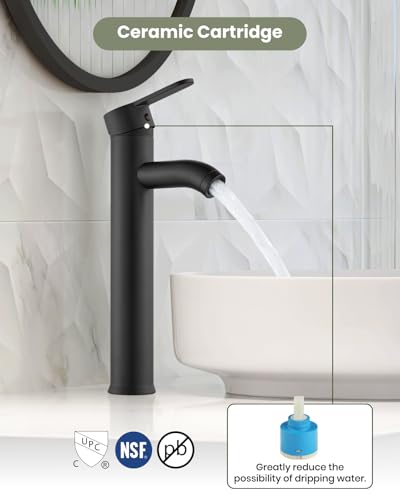 gotonovo Bathroom Vessel Sink Faucet Metal Pop Up Drain, Matte Black | Tall Bathroom Faucet 1 Hole Single Handle Modern Round Body, cUPC Water Supply Hoses, for Basin Vanity Lavatory Restroom Rv - color: Black