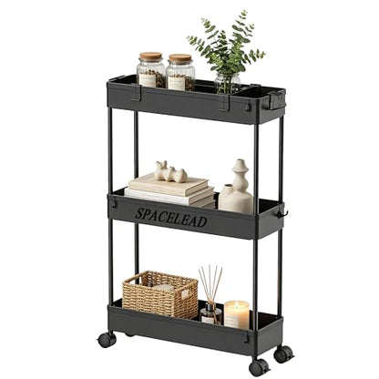 Slim Storage Cart 3 Tier,Bathroom Organizer Rolling Utility,Mobile Shelving Unit Slide Out for Office, Kitchen, Laundry Room & Narrow Places,Black - color: Black