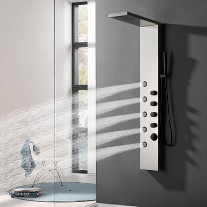 Shower Panel Tower System with Rainfall Shower Head | 5 Body Jets and Handheld Shower Head Modern Massage Shower System Brushed Nickel by Homevacious - color: Brushed Nickel and Black, style: Standard Shower Panel