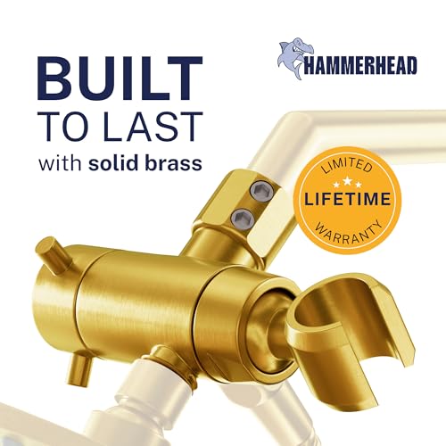 HammerHead Showers® Solid Metal 3 Way Shower Diverter Valve with Shower Head Holder — Universal Splitter To Connect Handheld Spray Wand And Rain Showerhead to Shower Arm Mount — Brushed Gold - color: Brushed Gold