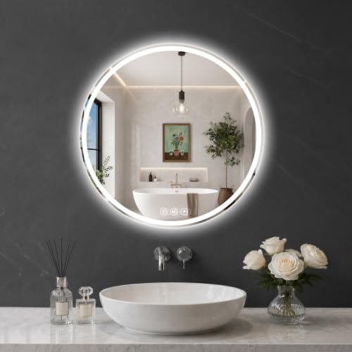 Round LED Bathroom Mirror, 26 Inch, HD Shatterproof Tempered Glass | Lighted Bathroom Mirror with Dimmable Lights Bathroom Mirror with Lights for Wall, 3 Color Temperatures - size: 26"L x 26"W
