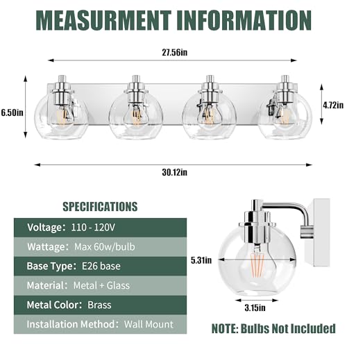 4 Light Bathroom Light Fixtures-Chrome Bathroom Vanity Lights, Modern Vanity Lights 4-Light Bathroom Lighting Fixtures Over Mirror with Clear Glass Globe Shade - color: Polished Chrome, size: 4-Light