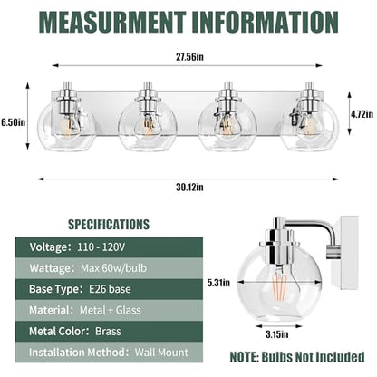 4 Light Bathroom Light Fixtures-Chrome Bathroom Vanity Lights, Modern Vanity Lights 4-Light Bathroom Lighting Fixtures Over Mirror with Clear Glass Globe Shade - color: Polished Chrome, size: 4-Light
