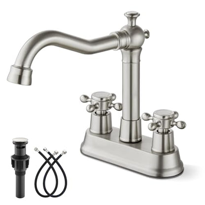gotonovo 4 Inch Centerset Bathroom Faucet 2 Cross Handles Deck Mount 2 Hole Lavatory Vanity Utility Mixer Tap with Water Supply Hoses and Pop Up Drain RV Farmhouse, Brushed Nickel - color: Brushed Nickel