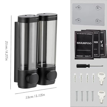 2-Chamber 10oz/300ML Black Plastic Hand Wall Mounted Soap Dispensers | Refillable Shampoo Conditioner Shower Dispenser No Drill, Clear Manual Pump Dispenser for Bathroom Hotel Kitchen - color: 2-chamber Black