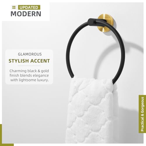 Angle Simple Hand Towel Ring Swivel, Bathroom Towel Holder, Black and Gold | Solid Stainless Steel, Smooth Rotation to Easily Access Dishrag Washcloth in Kitchen Shower, Screws Wall Mounted - color: Black & Gold