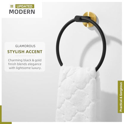 Angle Simple Hand Towel Ring Swivel, Bathroom Towel Holder, Black and Gold | Solid Stainless Steel, Smooth Rotation to Easily Access Dishrag Washcloth in Kitchen Shower, Screws Wall Mounted - color: Black & Gold