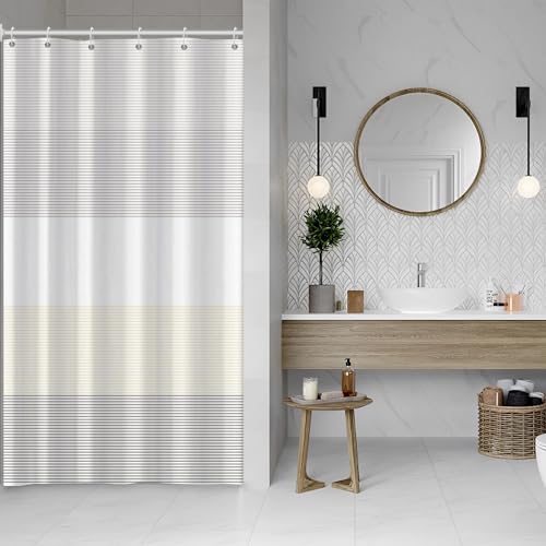 Boho Beige Brown Striped Stall RV Shower Curtain 36" Wx72 L | White Gray Bohemian Geometric, Polyester Waterproof, Machine Washable, Bathroom Small Curtain, Easy to Install with 6 Hooks - color: Beige, size: 36"W x 72"L (Pack of 1)