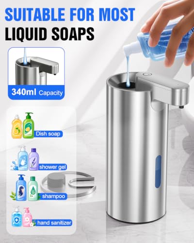 Fantictas Automatic Soap Dispenser Touchless, Stainless Steel 11.5 oz | Touchless Soap Dispenser for Hand or Dish Soap, USB-C Rechargeable with 3 Adjustable Levels, for Kitchen Sink and Bathroom - color: Stainless Steel, style: Gel