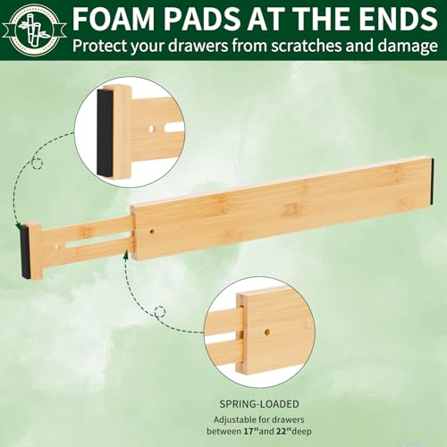 Dunruz Bamboo Drawer Dividers 2.6" High,17"-20" Adjustable Spring Loaded Clothes Drawer Organizers for Kitchen, Dresser, Bathroom, Bedroom and Office - size: 4 Pack 17-20"L