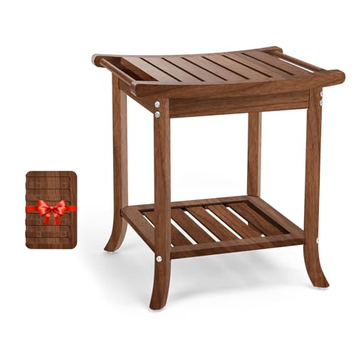 Teak Shower Benches for Inside Shower – Waterproof Wood Shower Stool with Storage Shelf, Non-Slip Spa Bathroom Seat Chair for Adults & Seniors, Ideal for Relaxing and Home Use