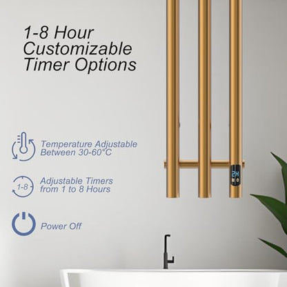 Electric Heated Towel Rack with Timer, Wall-Mounted Towel Warmer, 3 Vertical Bars, Plug-in or Hardwired, 37.4 Inch Height, Round Design (Gold) - color: Gold