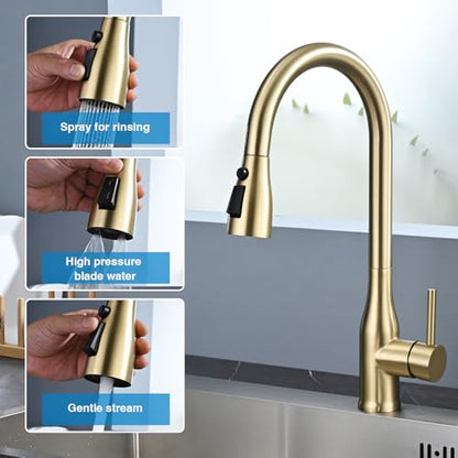 Metal Kitchen Faucet Head Replacement, 3 Functions Kitchen Faucet Head High Pressure, Brushed Gold Pull Down Kitchen Sink Sprayer Replacement with 9 Adapters Compatible with Most Faucets - color: ‎Brushed Gold