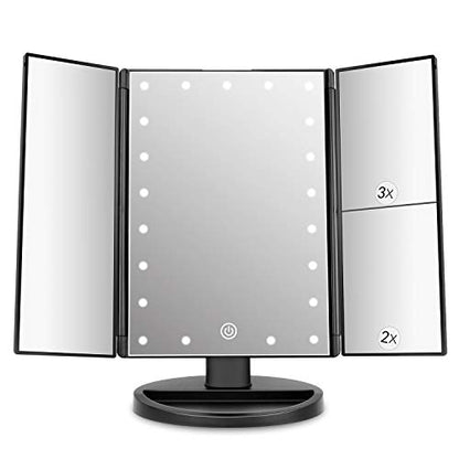 Tabletop Mount Trifold Lighted Vanity Mirror with 21 LED Lights, Touch Screen and 3X/2X/1X Magnification, Two Power Supply Mode Make up Mirror,Travel Mirror - color: Black