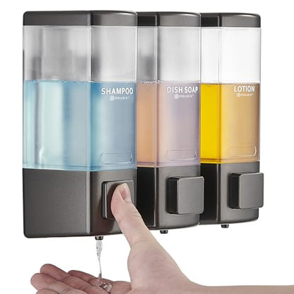 Pollock Shampoo and Conditioner Dispenser 3 Chamber * 500ML | Shower Soap Dispenser Wall Mounted, Body Wash Dispenser No Drill, Refillable Shower Dispenser for Bathroom - color: Blk-zt-53-gun3