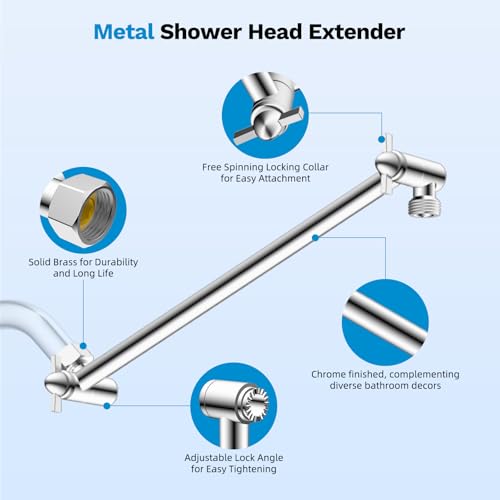 All-Metal Shower Extension Arm, G1/2" Universal/Adjustable, 11-Inch, Black | Brass Flexible Shower Head Extender Height/Angle Adjusted, Stainless Steel Pipe Extending with Lock Joint for Rain Showerhead - color: Chrome, size: 11 Inch