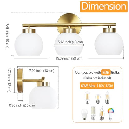 3 Light Bathroom Vanity Light, 20" Brushed Gold Bathroom Light Fixtures Over Mirror with Milky White Glass Globe Shade, Mid Century Modern Brass Wall Sconces, E26 Socket - color: Gold & Milky White Glass, size: 3-Light
