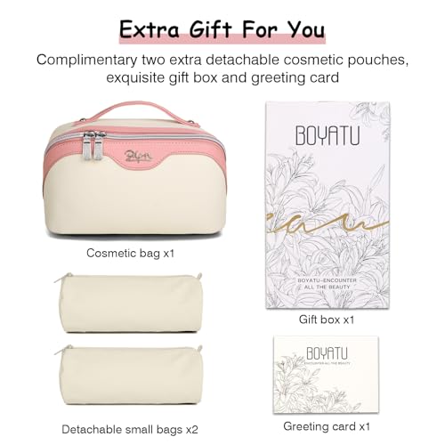BOYATU Travel Makeup Bag Organizer Cosmetic Bag: 3 Pcs Set Make up Bags for Women with Handle - Waterproof Vegan Leather Toiletry Bags Travel Essentials Pouch with Compartments (A-08-White) - color: 02-D-White