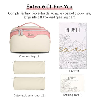 BOYATU Travel Makeup Bag Organizer Cosmetic Bag: 3 Pcs Set Make up Bags for Women with Handle - Waterproof Vegan Leather Toiletry Bags Travel Essentials Pouch with Compartments (A-08-White) - color: 02-D-White