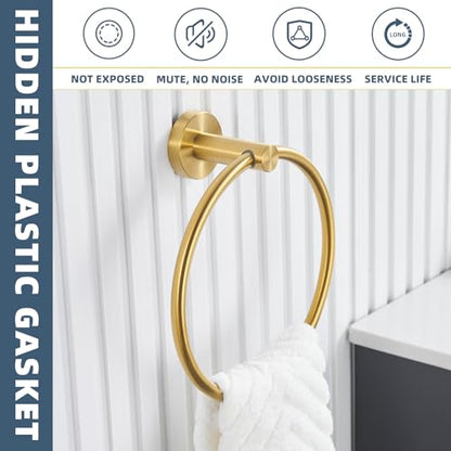 Brushed Gold Bathroom Accessories Set, 2-Piece, 304 Stainless Steel | Practical Bathroom Hardware Set for Bathroom Restroom Sink, Rotatable Towel Ring, Open-arm Toilet Paper Holder, Wall Mounted - color: Brushed Gold Round Shape