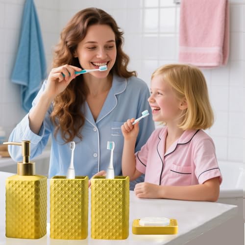 Jessie Bathroom Accessories Set, 3 or 4-Piece Ceramic Bathroom Accessory Set,Soap Dispenser,Toothbrush Holders Set,Tumbler,Soap Dish Embossed Matte Bathroom for Modern Bathrooms (Yellow 4-Piece Suit) - size: Yellow-4 Piece
