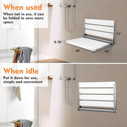 Wall Mount Shower Seat 18" for Adults ﻿ | Shower Bench Wall Mount for Inside Shower, Fold Down Shower Seat, Shower Seats for Adults ﻿ - color: White & Stainless Steel & Silver