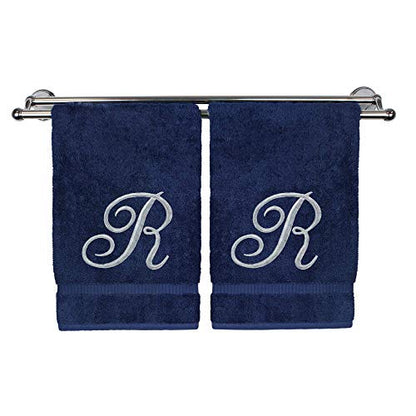 BC BARE COTTON Monogrammed Hand Towel, Navy, 16 x 30 Inches - Set of 2, Extra Absorbent 100% Turkish Cotton, Soft Terry Finish, for Bathroom, Kitchen and Spa - color: Silver on Navy, style: Initial R