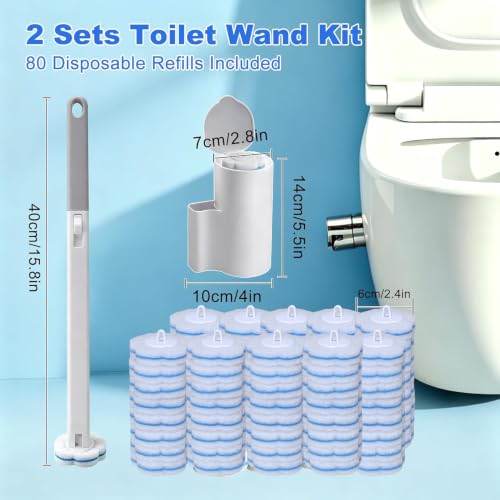 Disposable Toilet Brush and Holder, 2-Piece Wall Mounted Cleaning System with 80 Refills, for Bathroom, Sink and Bathtub