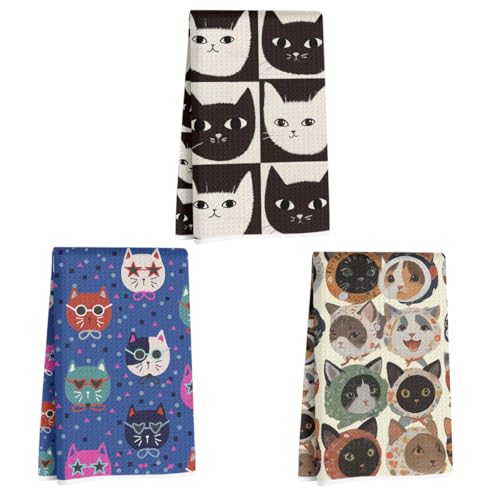 3Pcs Cat Kitchen Towels Waffle Weave Microfiber Dish Hand Towels | Absorbent Vintage Cloth Tea Towel for Kitchen Home Bathroom Farmhouse Decor, Cat Gifts for Women Mom Friend Lovers - color: Multi 1357