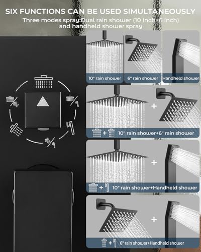 Rain Shower Faucet Set, 10" Top + 6" Side Head, Matte Black | 3-head set w/ valve, SUS304 anti-freeze, 6 spray modes, self-clean nozzles - color: Matte Black, style: 10''-Ceiling Mount+6" Shower Head