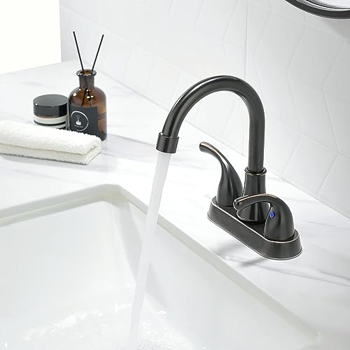 Bathroom Sink Faucet FRANSITON 4 Inch Faucet 2 Handle Bathroom Sinks Faucets Lead-Free Oil Rubbed Bronze Bath Sinks Faucets with Pop-up Drain Stopper and Supply Hoses - color: Oil Rubbed Bronze