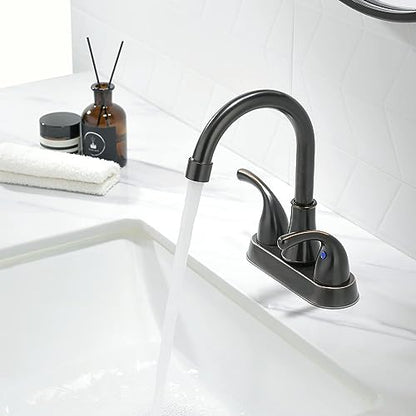 Bathroom Sink Faucet FRANSITON 4 Inch Faucet 2 Handle Bathroom Sinks Faucets Lead-Free Oil Rubbed Bronze Bath Sinks Faucets with Pop-up Drain Stopper and Supply Hoses - color: Oil Rubbed Bronze